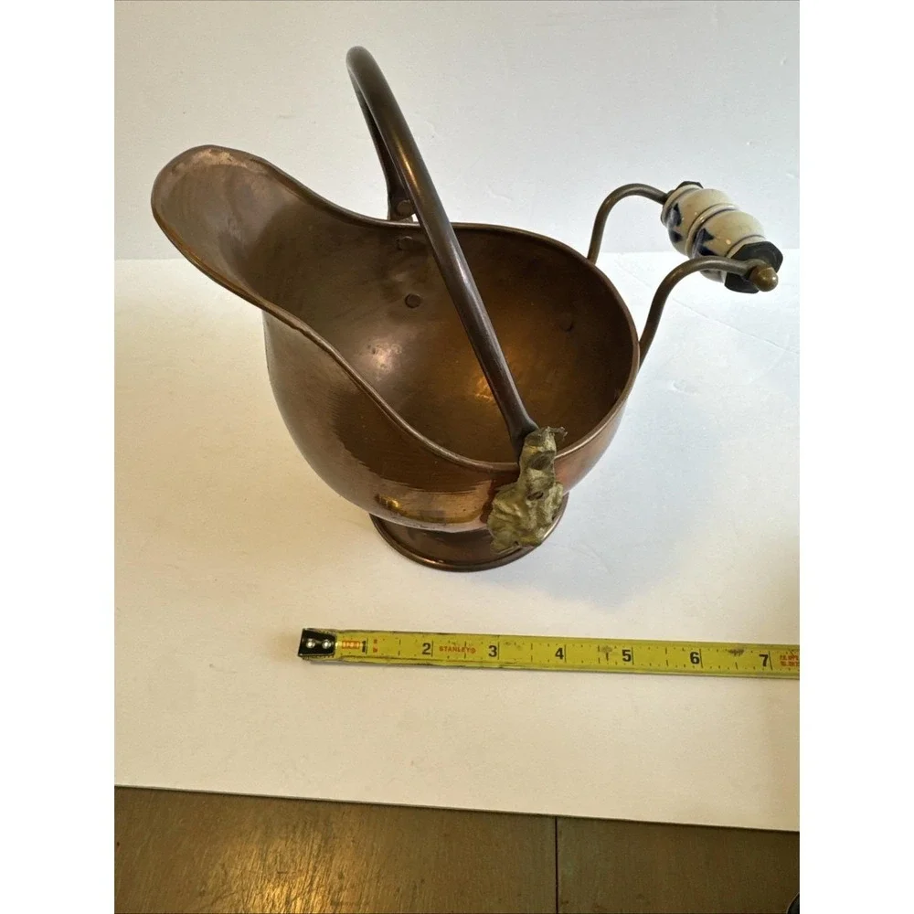 Copper Brass Coal Scuttle/Ash Bucket w/Porcelain Cherub Face 8
